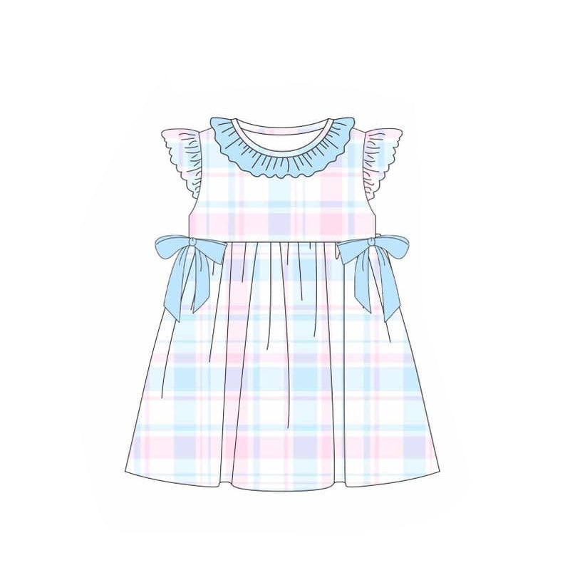 Baby Girls Blue Bows Colorful Checkered Knee Length Dresses Preorder