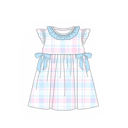 Baby Girls Blue Bows Colorful Checkered Knee Length Dresses Preorder