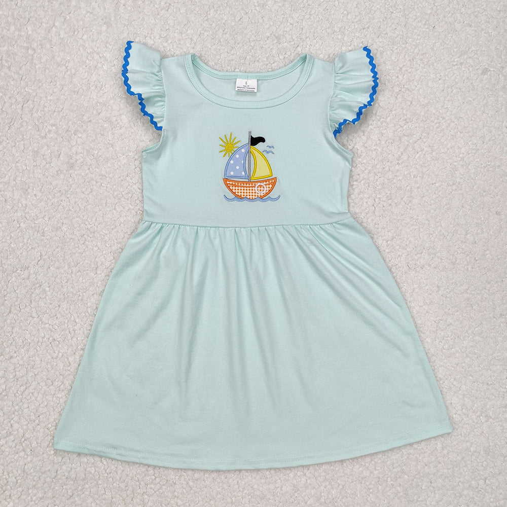 Sibling Girls Baby Boys Sailboat Embroidery Summer Dresses Clothing Sets