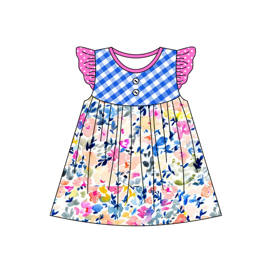 Baby Girls Blue Checkered Flowers Knee Length Dresses Preorder