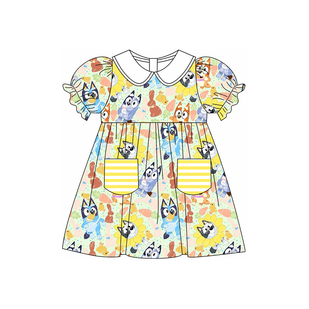 Baby Girls Cartoon Dogs Flowers Pockets Knee Length Dresses Preorder