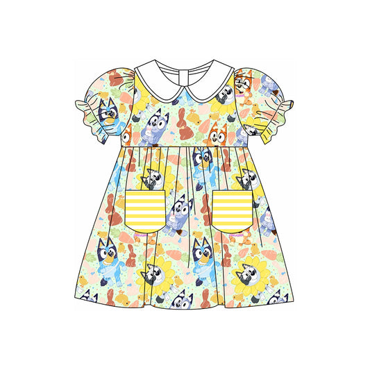 Baby Girls Cartoon Dogs Flowers Pockets Knee Length Dresses Preorder