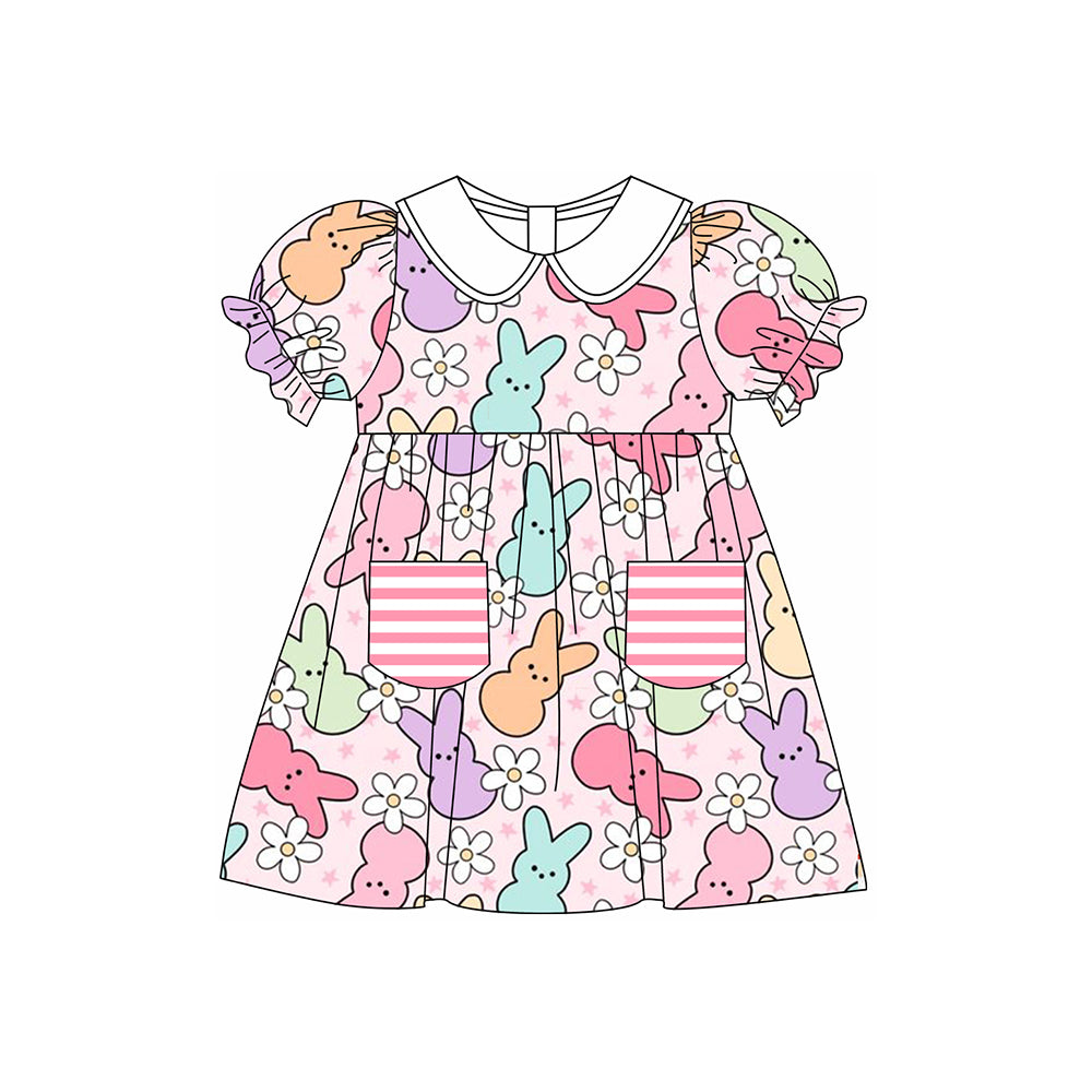 Baby Girls Pink Easter Rabbits Flowers Pockets Knee Length Dresses Preorder