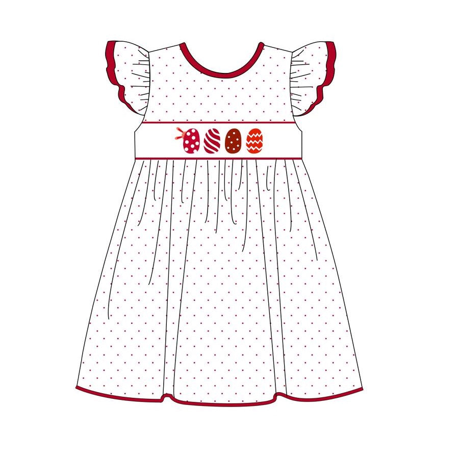 Baby Girls Easter Red Eggs Flutter Sleeve Knee Length Dresses Preorder