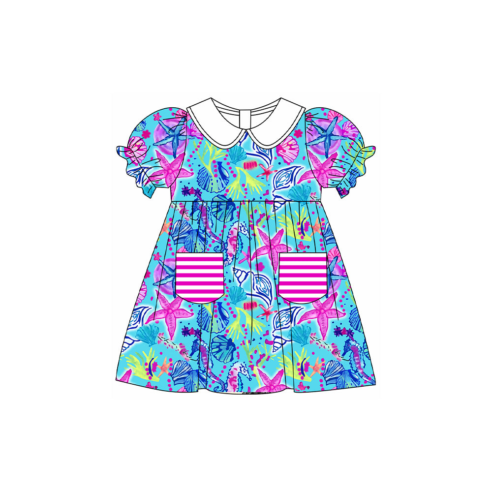 Baby Girls Sea Stars Short Sleeve Pockets Knee Length Dresses Preorder