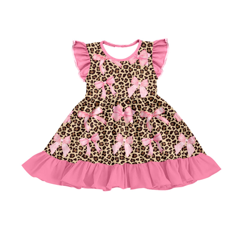 Baby Girls Leopard Pink Bows Ruffle Knee Length Dresses Preorder