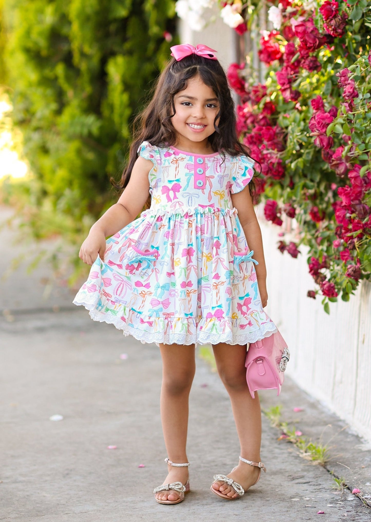 Baby Girls Colorful Bows Flutter Sleeve Knee Length Dresses Preorder