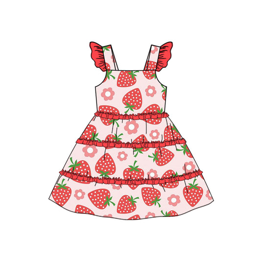 Baby Girls Straps Red Flowers Strawberry Knee Length Dresses Preorder