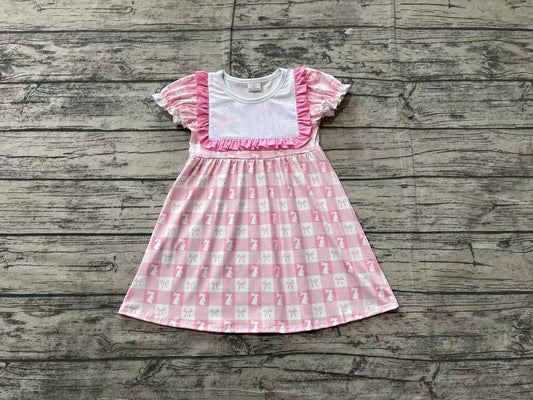 Baby Girls Pink Easter Rabbits Checkered Knee Length Dresses Preorder