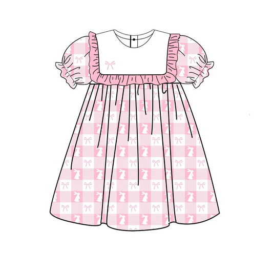 Baby Girls Pink Easter Rabbits Checkered Knee Length Dresses Preorder