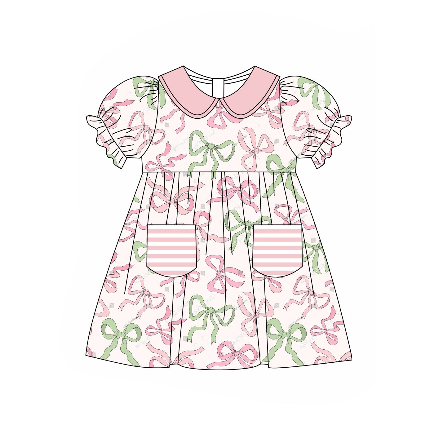 Baby Girls Pink Green Bows Pockets Knee Length Dresses Preorder