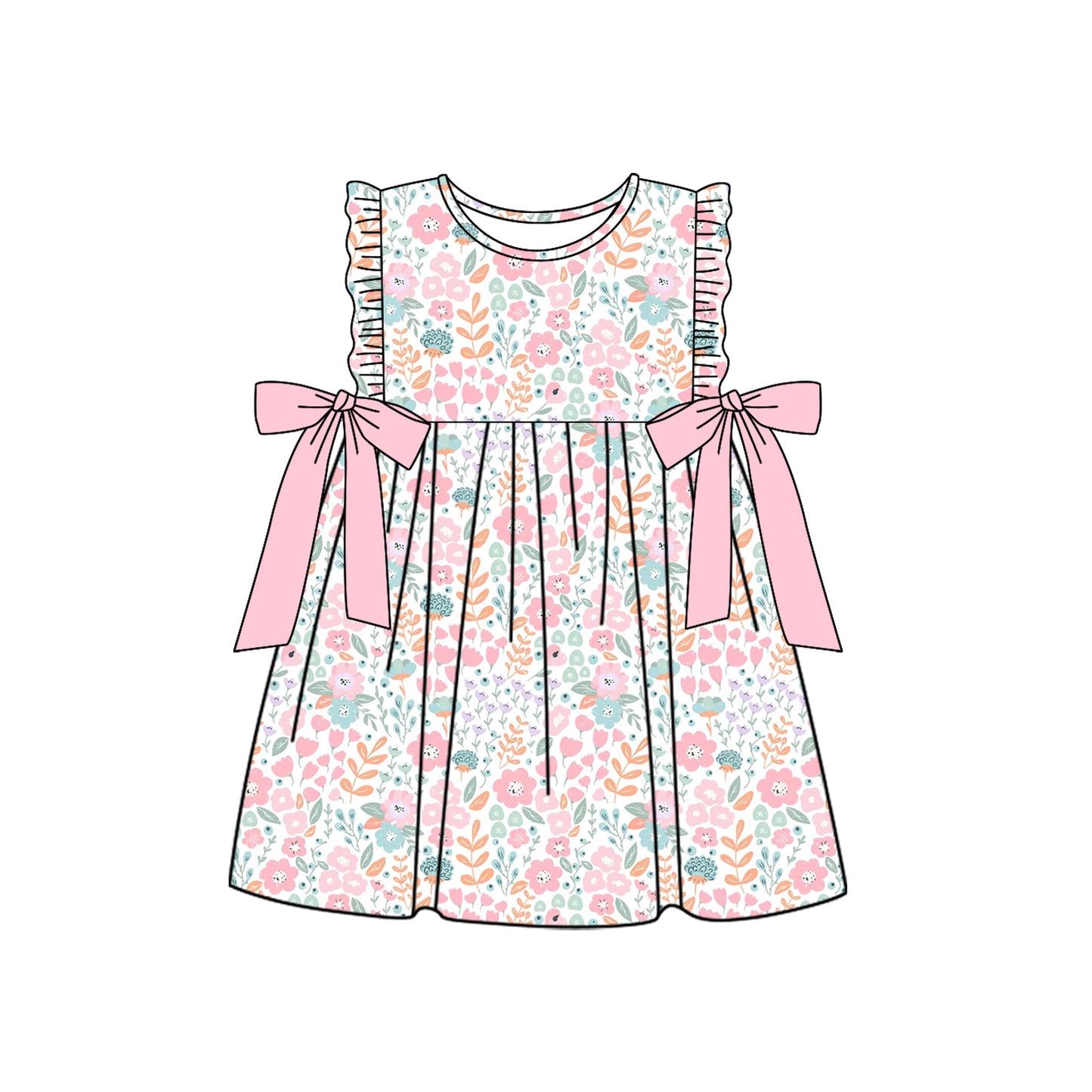 Baby Girls Pink Green Flowers Knee Length Dresses Preorder