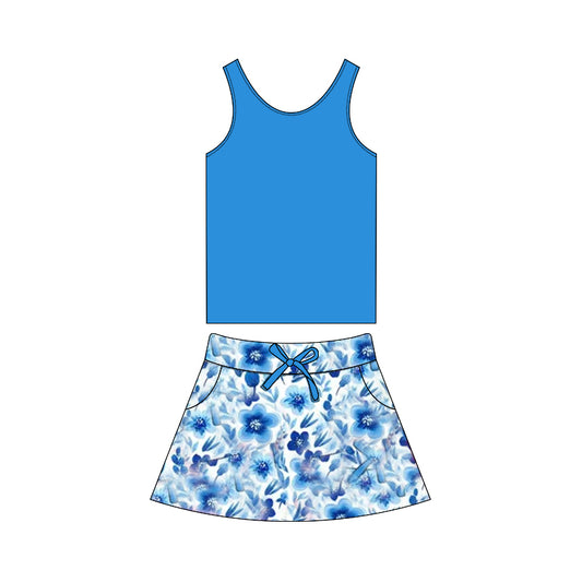 Baby Girls Blue Vest Flowers Pocket Skirt Clothes Sets Preorder