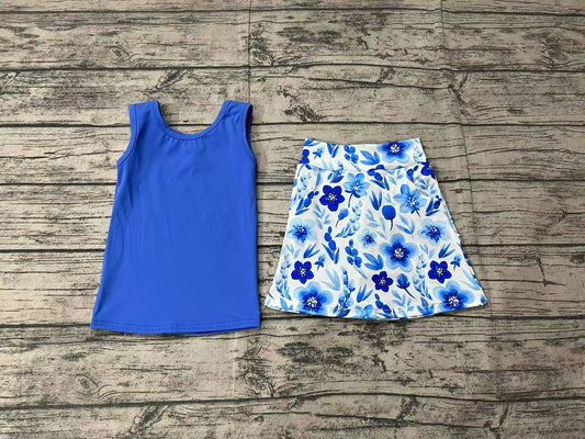 Baby Girls Blue Vest Flowers Pocket Skirt Clothes Sets Preorder