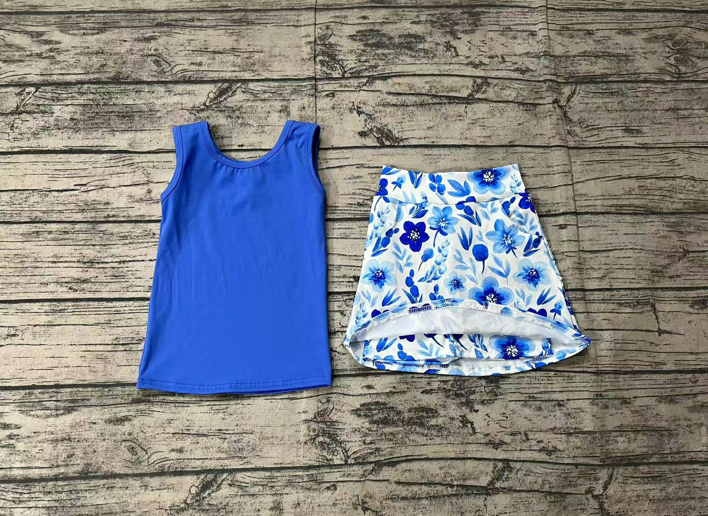 Baby Girls Blue Vest Flowers Pocket Skirt Skort Active Wear Clothes Sets