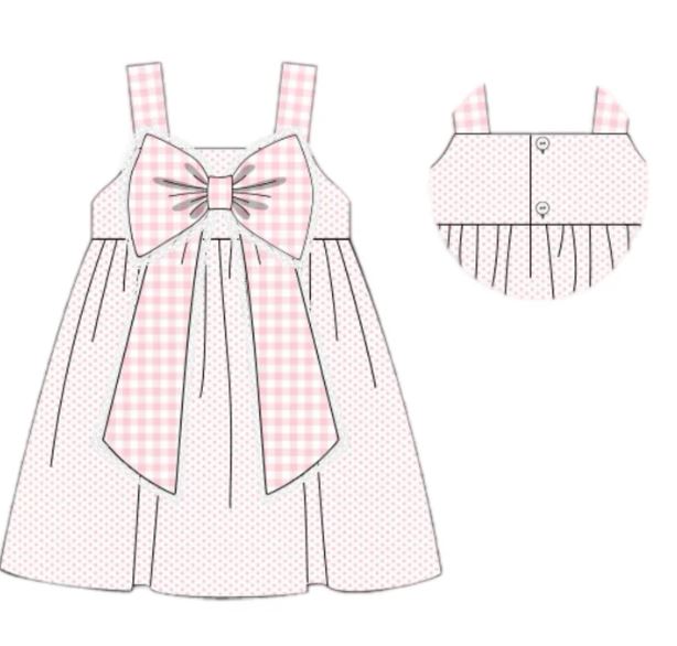 Baby Girls Pink Polka Dots Bow Straps Knee Length Dresses Preorder