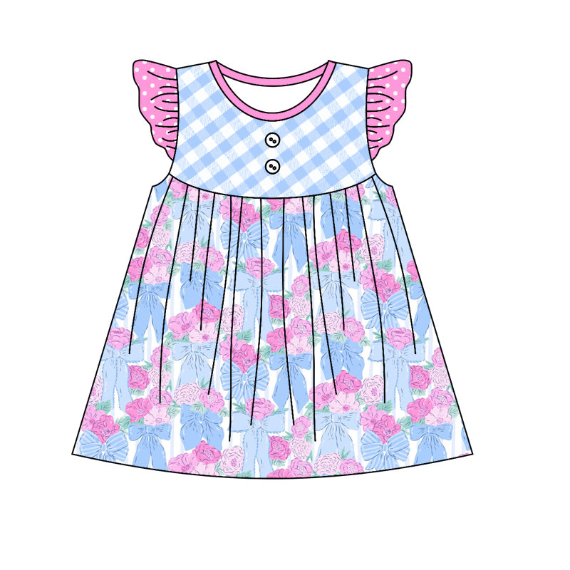 Baby Girls Checkered Flowers Bows Knee Length Dresses Preorder