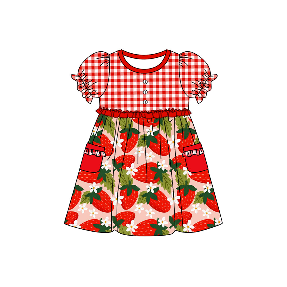 Baby Girls Red Checkered Strawberry Knee Length Dresses Preorder