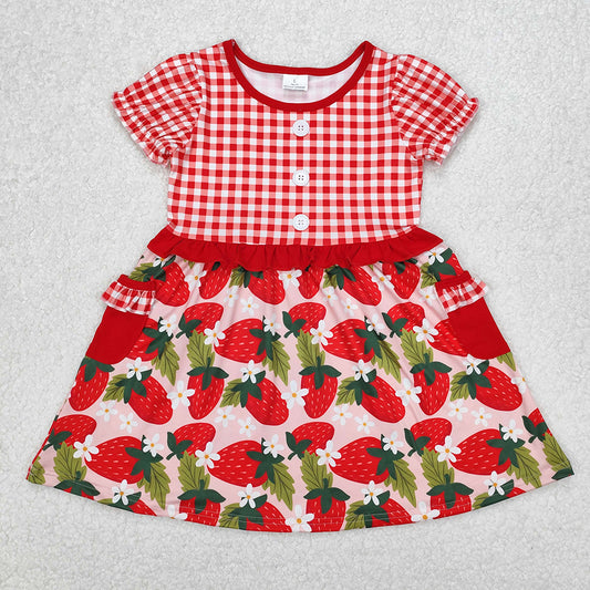 Baby Girls Red Checkered Strawberry Knee Length Dresses
