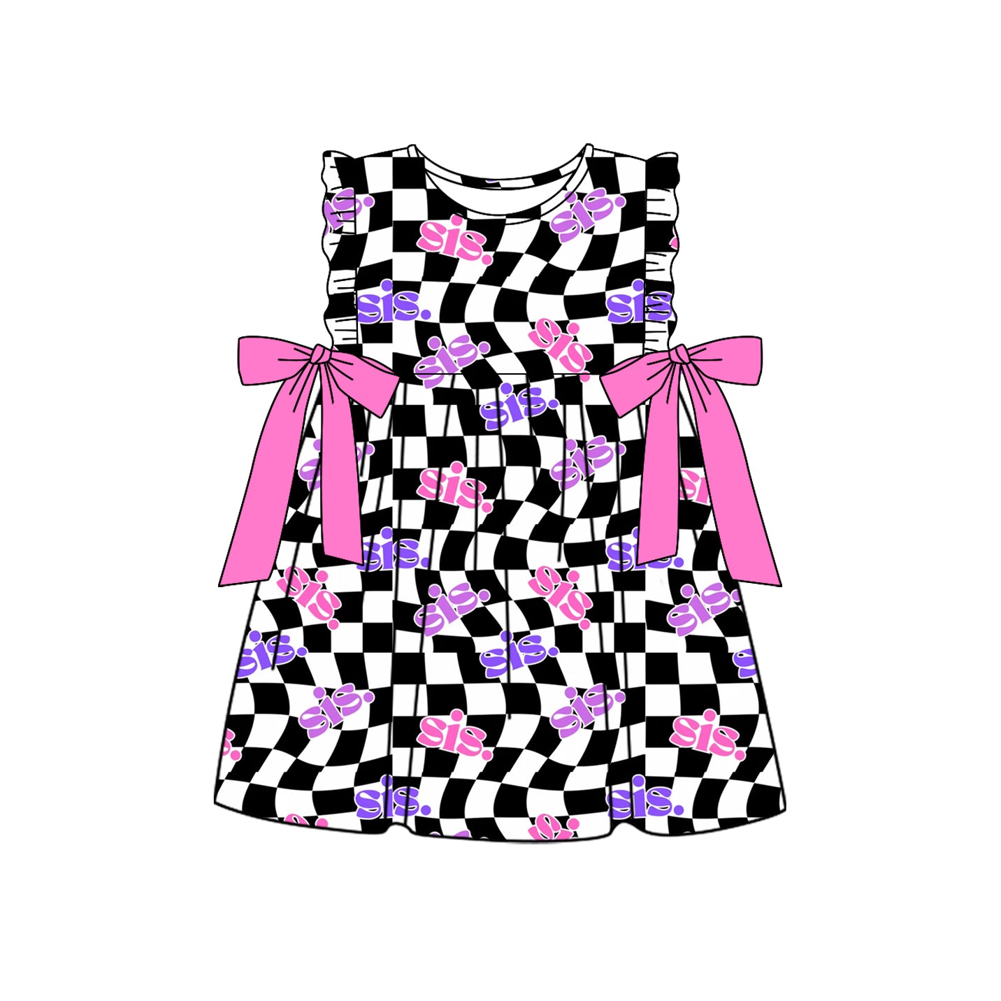 Baby Girls Black Checkered Sister Knee Length Dresses Preorder