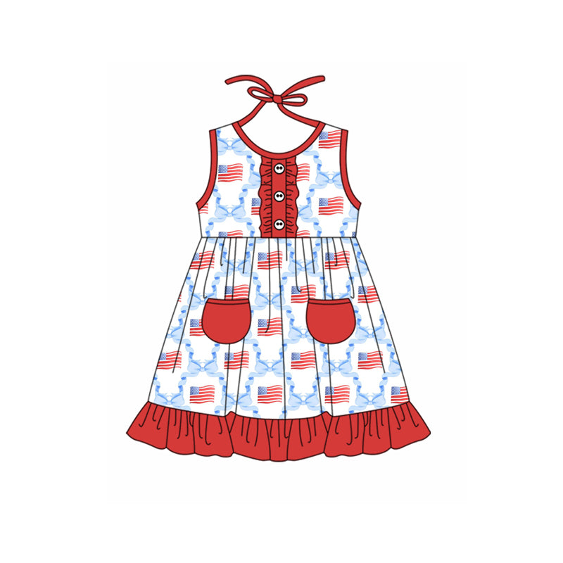 Baby Girls 4th of July Flag Bows Pockets Knee Length Dresses Preorder