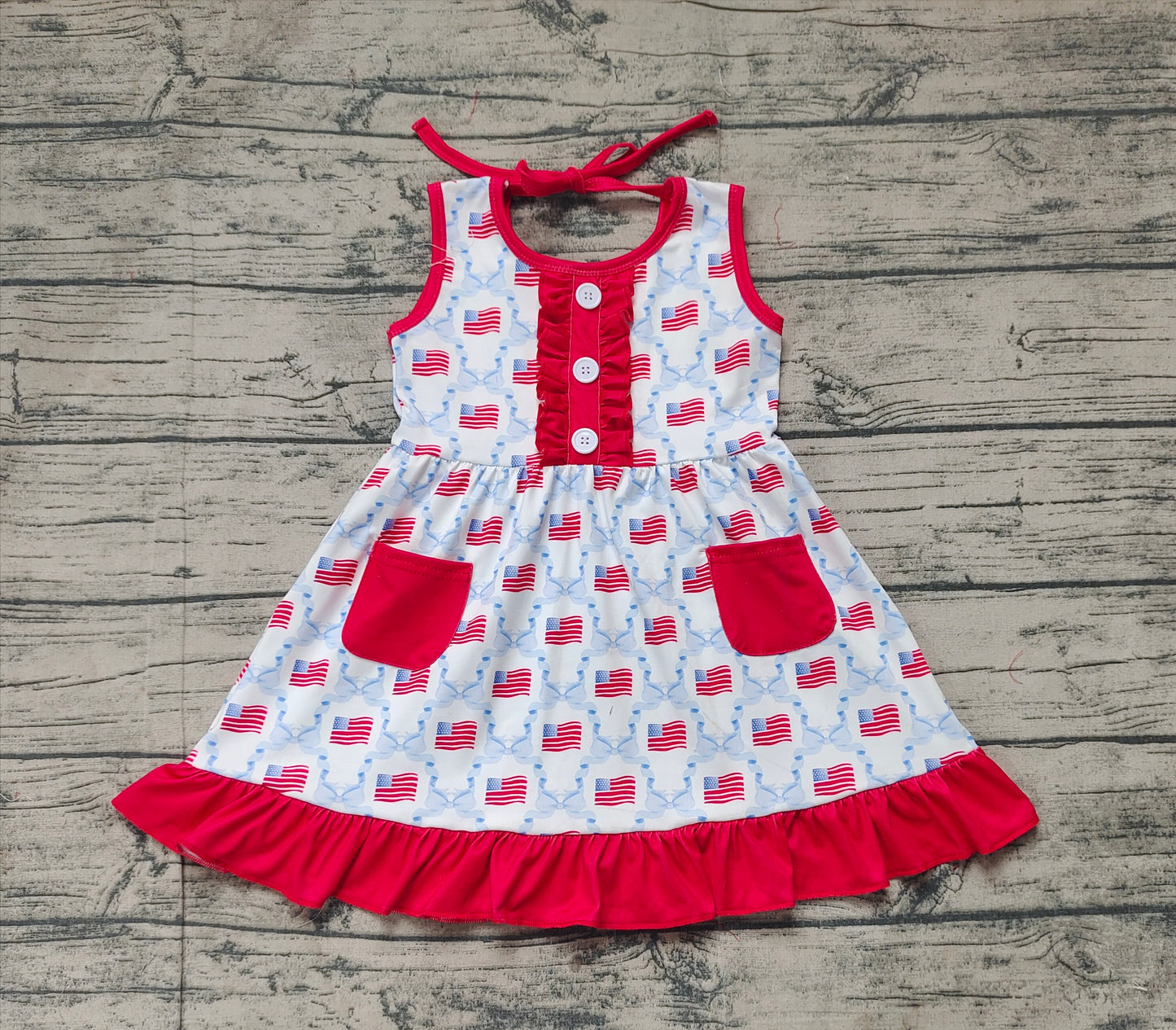 Baby Girls 4th of July Flag Bows Pockets Knee Length Dresses Preorder