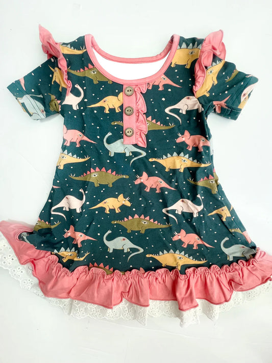 Baby Girls Pink Dinosaurs Ruffles Knee Length Dresses Preorder