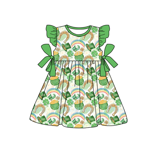 Baby Girls St Patrick Day Qautrefoil Bow Knee Length Dresses Preorder