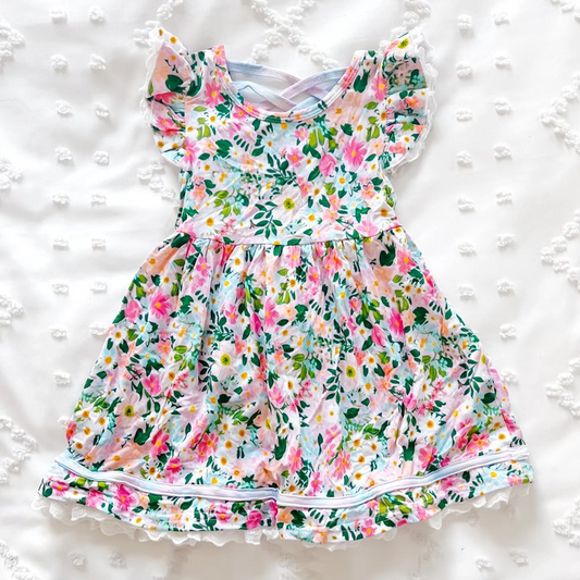 Baby Girls Green Pink Flowers Knee Length Dresses Preorder