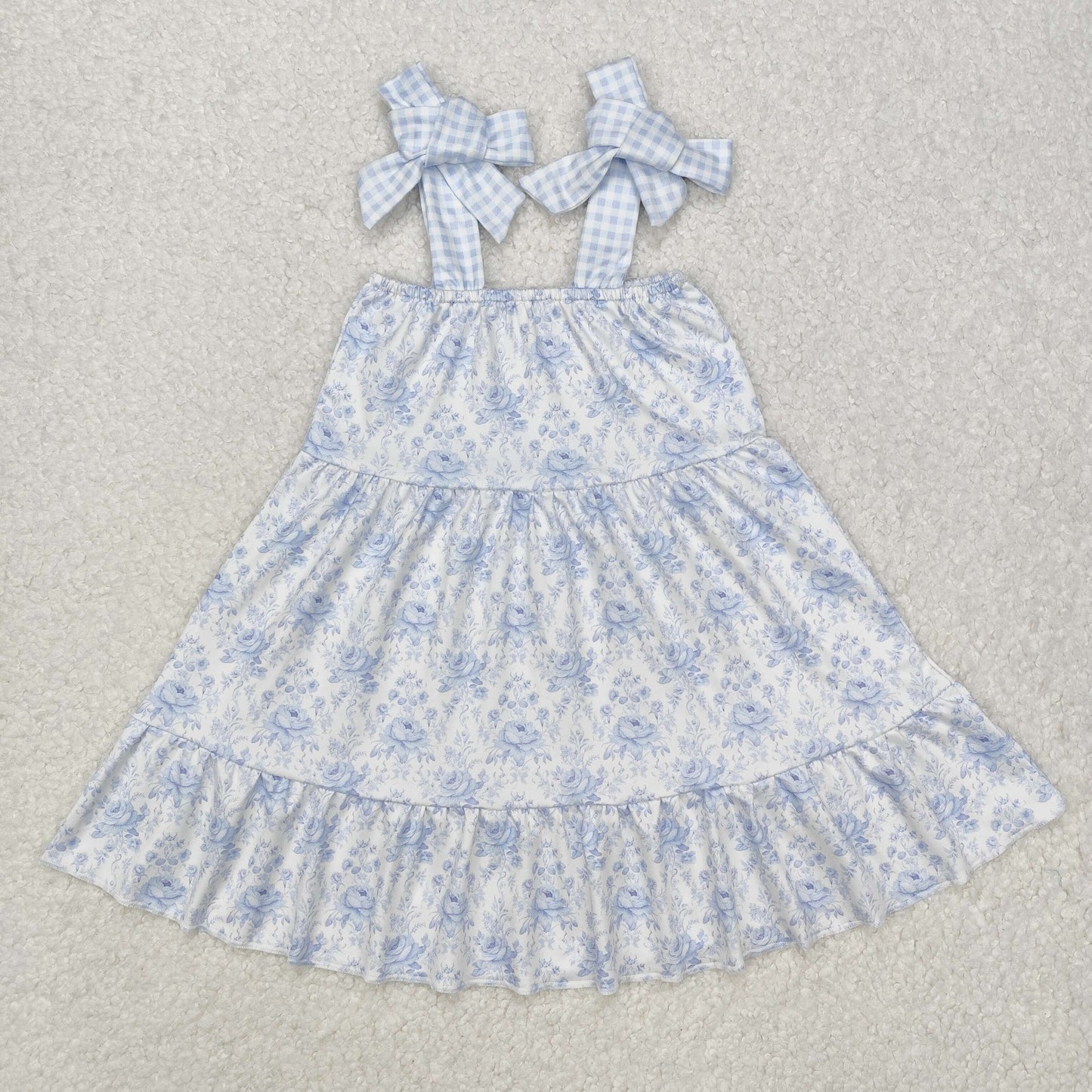 Sibling Baby Girls Blue Flowers Straps Tunic Ruffle Short Set Knee Length Dresses