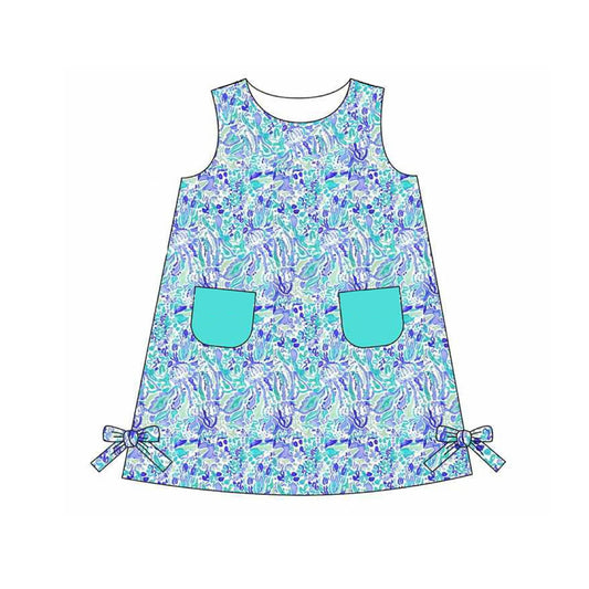 Baby Girls Blue Sea Flowers Pockets Knee Length Dresses Preorder