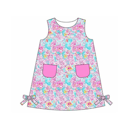 Baby Girls Pink Sea Flowers Pockets Knee Length Dresses Preorder