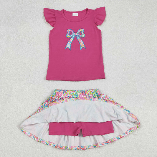 Embroidery Baby Girls Pink Bow Shirts Shorts Skirt Clothes Sets