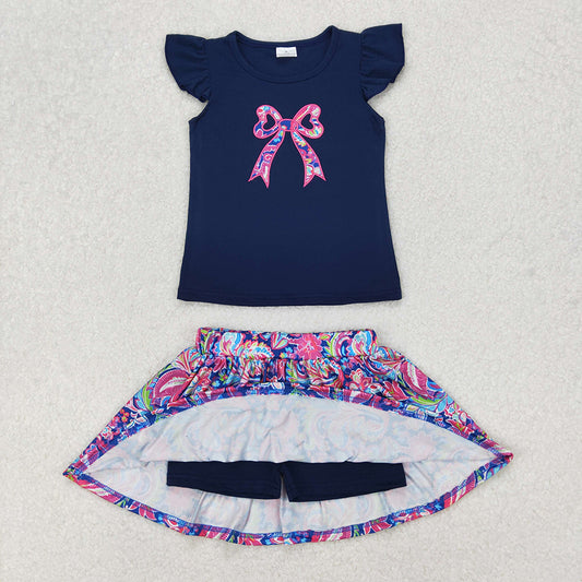 Embroidery Baby Girls Navy Bow Shirts Shorts Skirt Clothes Sets