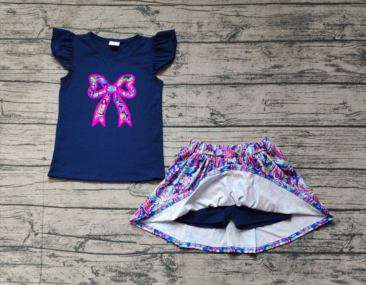 Embroidery Baby Girls Navy Bow Shirts Shorts Skirt Clothes Sets Preorder