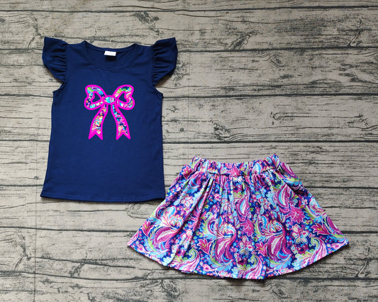 Embroidery Baby Girls Navy Bow Shirts Shorts Skirt Clothes Sets Preorder