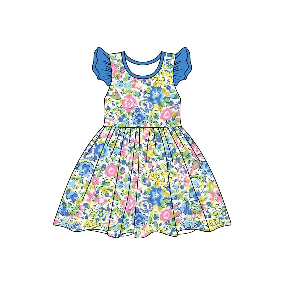 Baby Girls Summer Blue Flowers Pearl Knee Length Dresses Preorder