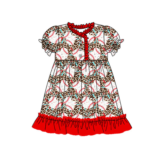 Baby Girls Red Leopard Baseball Ruffle Knee Length Dresses Preorder