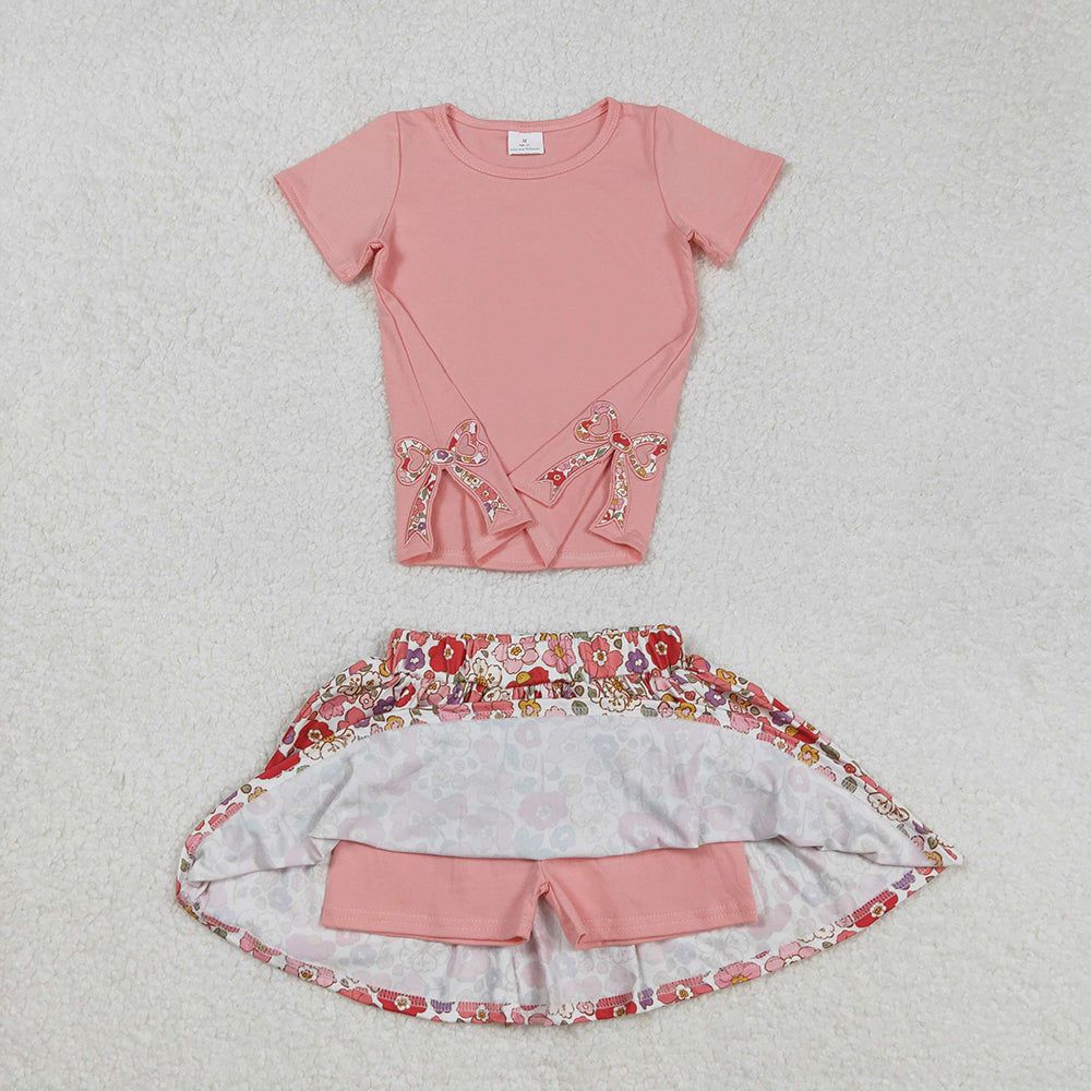 Embroidery Baby Girls Coral Bow Top Flowers Skort Skirt Clothes Sets