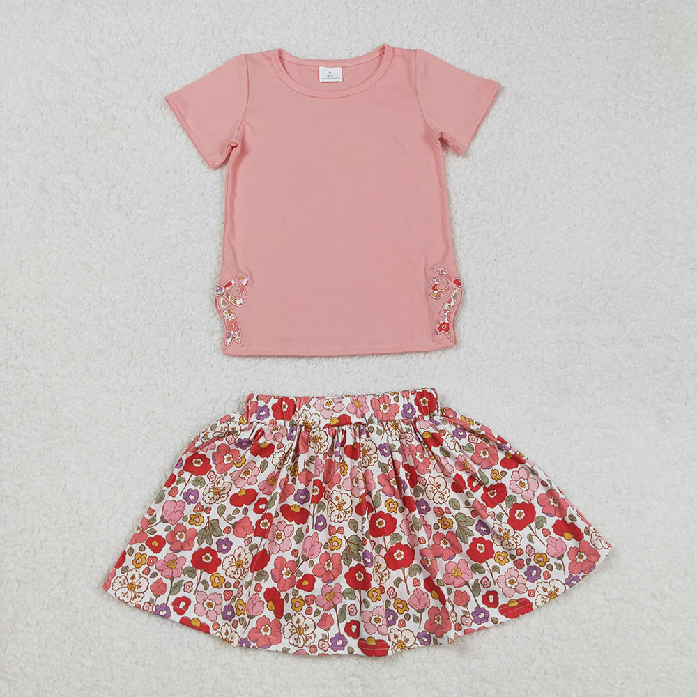 Embroidery Baby Girls Coral Bow Top Flowers Skort Skirt Clothes Sets