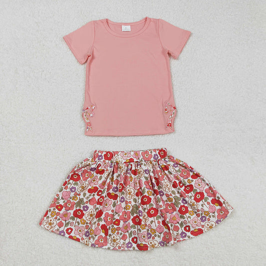 Embroidery Baby Girls Coral Bow Top Flowers Skort Skirt Clothes Sets