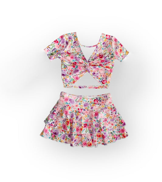 Baby Girls Lavender Flowers Tops Ruffle Skirts Spring Clothes Sets Preorder