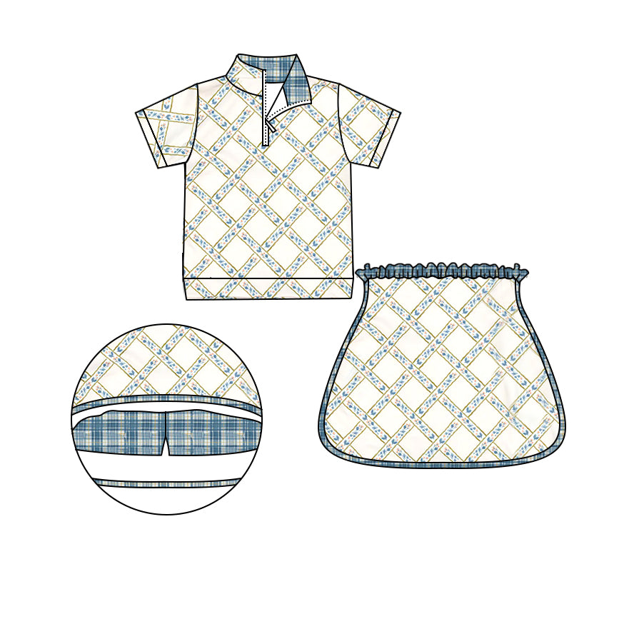 Baby Girls Checkered Flowers Zip Tops Skirts Spring Clothes Sets Preorder