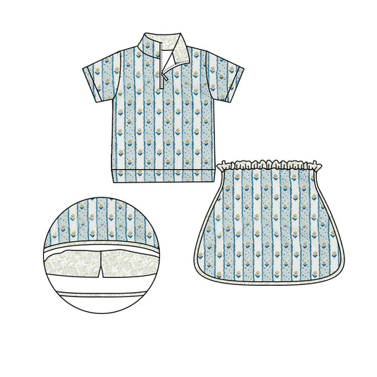 Baby Girls Blue Flowers Zip Tops Skirts Spring Clothes Sets Preorder