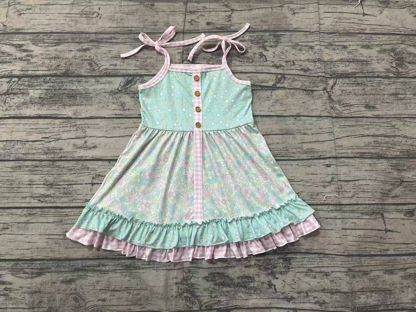 Baby Girls Green Flowers Straps Ruffle Knee Length Dresses
