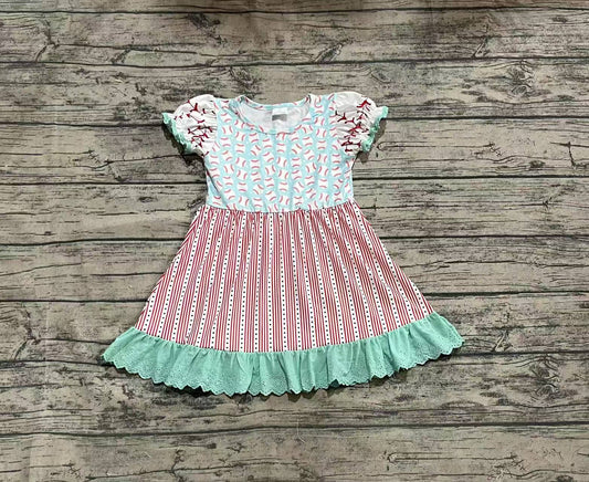 Baby Girls Baseball Short Sleeve Ruffle Knee Length Dresses