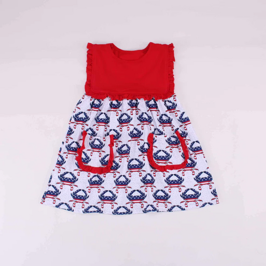 Baby Girls 4th Of July Crabs Pockets Knee Length Dresses Preorder