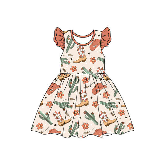 Baby Girls Western Cactus Boots Pearl Knee Length Dresses Preorder