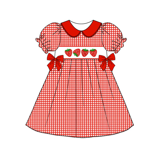 Baby Girls Red Checkered Strawberry Bows Knee Length Dresses Preorder