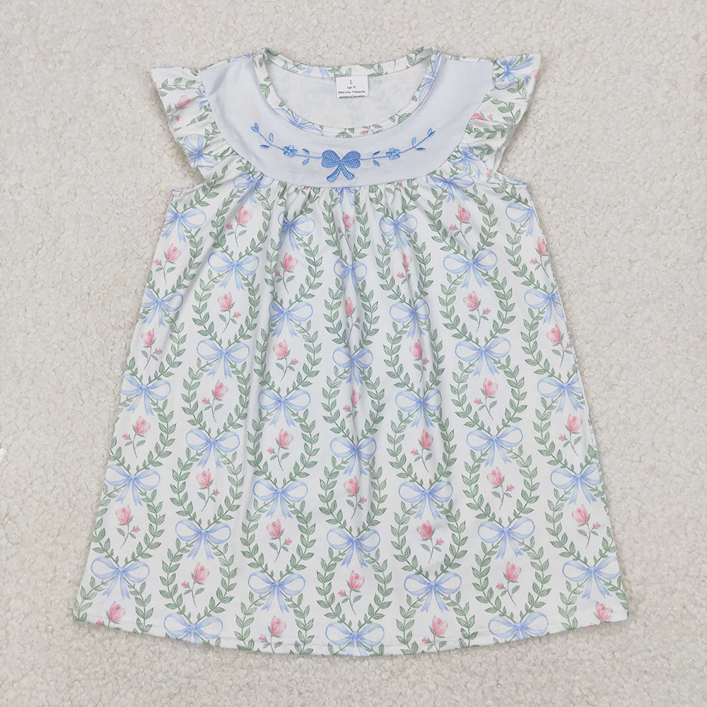 Embroidery Baby Girls Spring Bows Leaves Knee Length Dresses